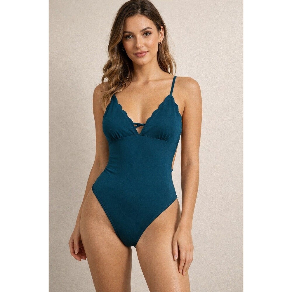 M ZAFUL Green One Piece Swimsuit Size 6 Open Back Scallop Trim High Cut V-Neck